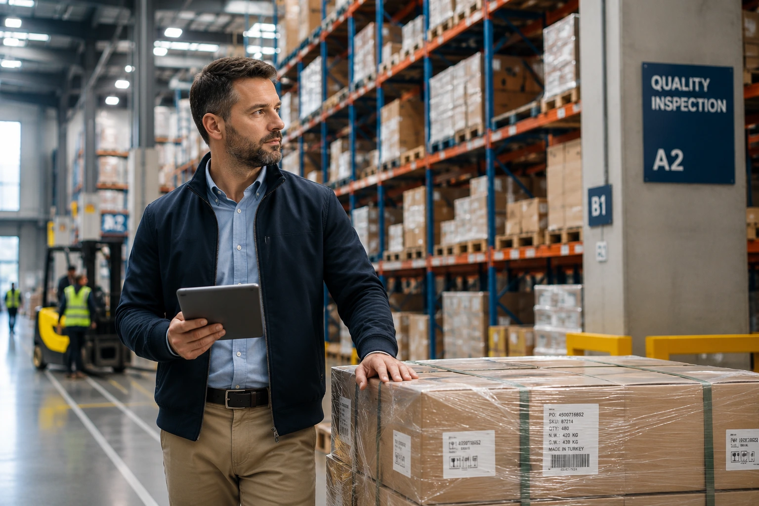 Professional operations manager inspecting inventory in a modern distribution centre
